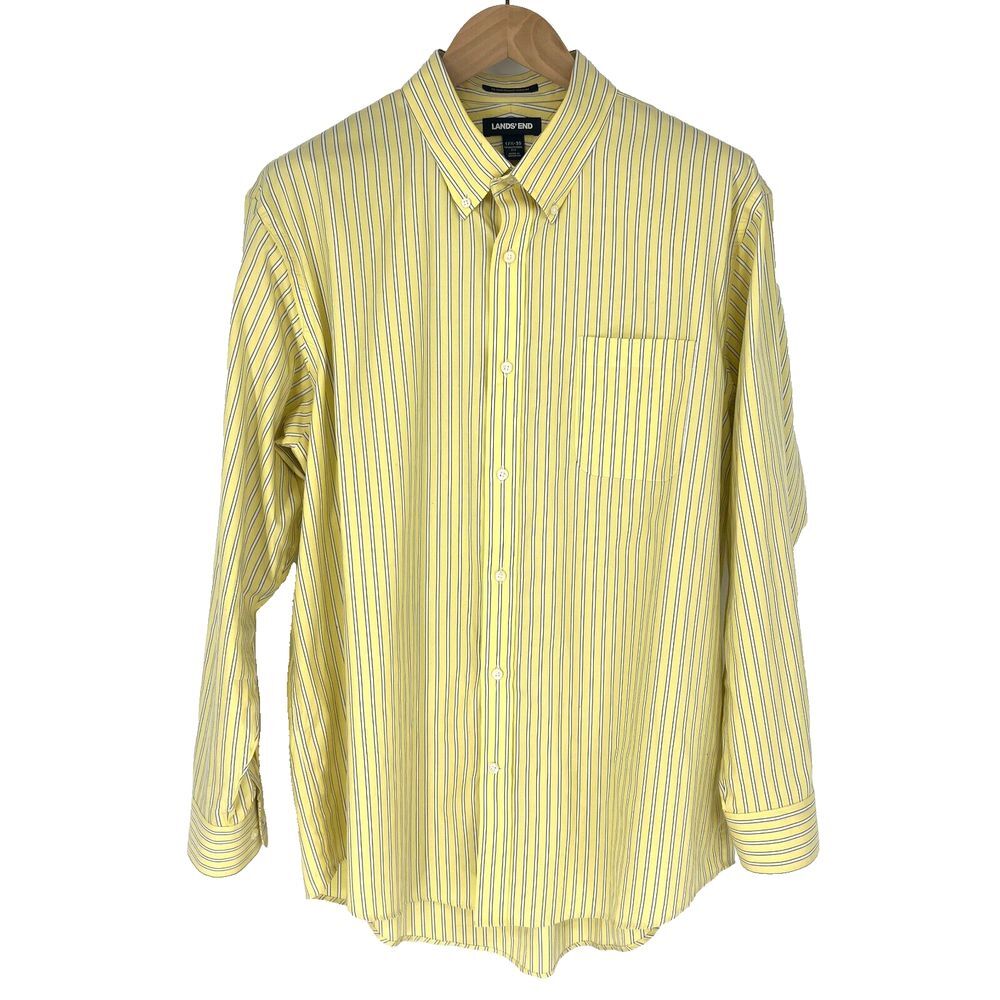 LANDS END Traditional Fit Button Down Dress Shirt Mens 17.5-35 Yellow Pinstripe - Picture 1 of 11
